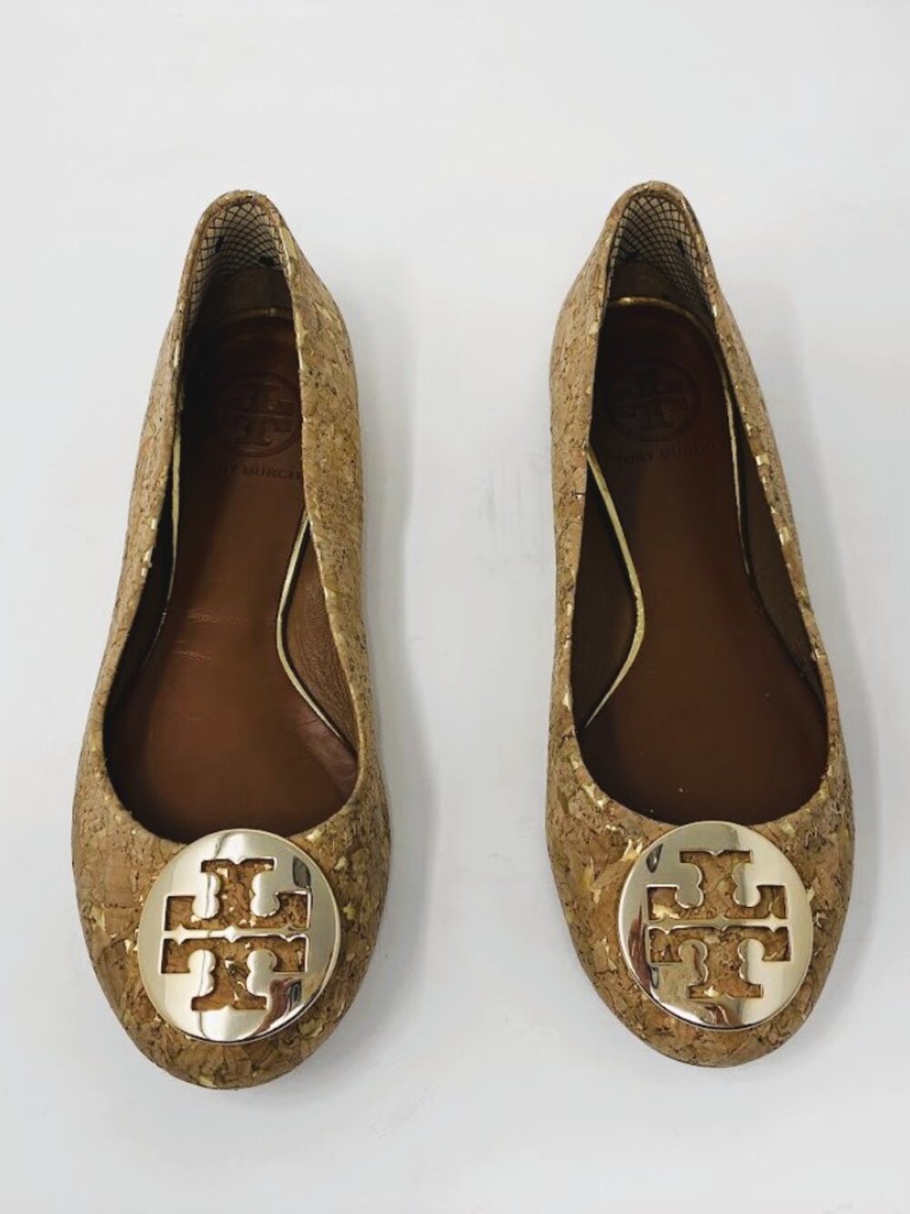 Tory Burch Cork Metallic Gold Fleck Ballet Flats Size 5.5 M Logo Medallion